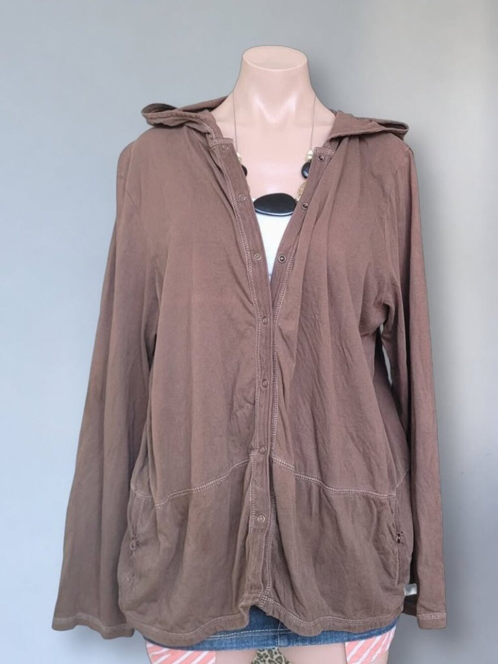 Vintage Brown Button Down Oversized Hooded Cottagecore Shirt (XXL)